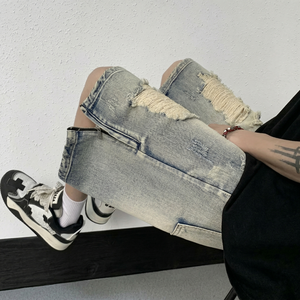 Shorts en jean déchirés pour hommes, style streetwear, coupe ample, délavé clair, pantalon décontracté d'été TKAN826 - Product Image 3