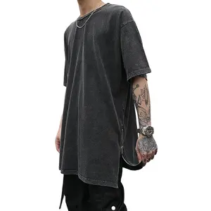 Washed and distressed zipper side slit T-shirt oversized cotton solid color casual men's T-shirt