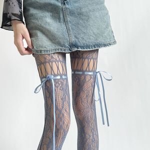 Thigh High Fishnet Stockings Women Black Transparent Drawstring Tie-Up Bow Pantyhose Solid Color Polyester Fiber - Product Image 2