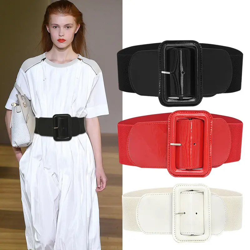 Ceinture Corset pour femme, ceinture élastique large, avec boucle en plastique, rouge, marron, noir, avec Trench-Coat en fourrure