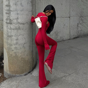 Conjunto de Dos Piezas Rojo para Mujer, Mono de Manga Larga con Espalda Descubierta y Cintura Alta, Ropa de Club, Color Sólido, Tela Elástica - Product Image 2