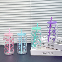 Bouteille d'eau isotherme jetable en plastique de 16 oz avec paille à succion et bouchon Mason, résistante aux chutes