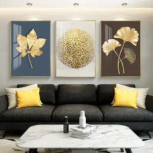 Oturma odası dekor soyut altın Ginkgo yaprakları İskandinav baskılar resim modern ev duvar sanatı kristal porselen altın yaprak boyama