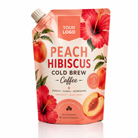 Pochette à bec verseur personnalisée pour café infusé à froid pêche-hibiscus, avec fermeture éclair, impression hélio, emballage alimentaire recyclable pour saveurs florales et fruitées