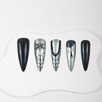 Faux ongles à presser Halloween, longs, forme stiletto, motif toile d'araignée noire et argentée avec strass, réutilisables, vente en gros usine