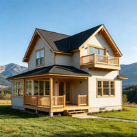 Villa en bois préfabriquée de style ferme moderne de 132 m² avec 3 chambres, véranda et balcon