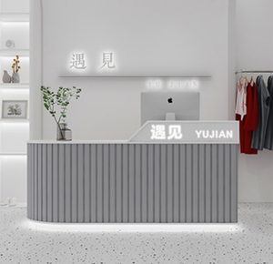 Minimalist Reception <b>Desk</b> Concrete Wood Finish Modern LED Light <b>Office</b> Lobby Hotel Beauty Salon Front Counter - Product Image 3