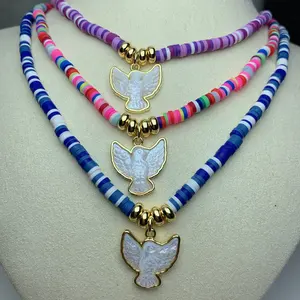 Fashion Peace Dove Necklace For Women 2021 Handmade Natural MOP Pearl Shell Pendant Soft Pottery Ceramic Beads Chain Jewelry