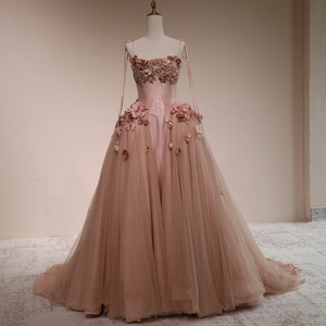 Factory Wholesale <strong>Blush</strong> Pink 3D Floral Evening <strong>Gown</strong> Spaghetti Strap Tulle <strong>Ball</strong> <strong>Gown</strong> Dress - Product Image 1