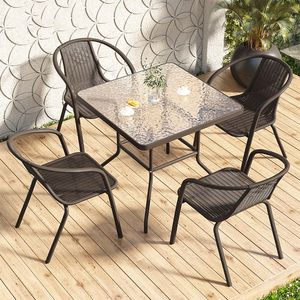 Juego de <span class=keywords><strong>mesa</strong></span> de comedor <span class=keywords><strong>y</strong></span> silla para exteriores negro Marco de metal superior de vidrio para Patio Jardín Balcón - Product Image 6