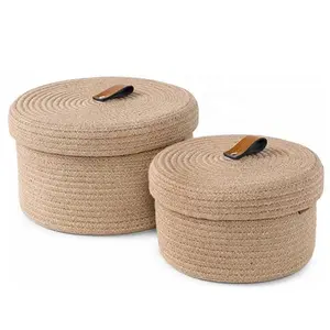 Cesta organizadora decorativa cesta de almacenamiento tejida de cuerda de algodón con tapa