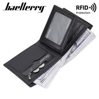 Baellerry dompet pendek kulit PU pria, dompet uang tunai ramping jahitan samping Vintage perlindungan RFID