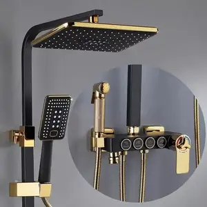 DQOK黄铜和不锈钢数字恒温淋浴龙头套装黑色发光二极管显示器，带4功能降雨系统