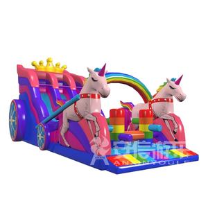 Glissière gonflable de voiture de cheval double de licorne de princesse rose avec course d'obstacles - Product Image 1