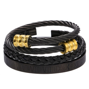 Juego <span class=keywords><strong>de</strong></span> 3 Pulseras <span class=keywords><strong>de</strong></span> Acero Inoxidable con Diseño Trenzado, Números Romanos Dorados Apilados, Estilo Rey Real para Hombre - Product Image 2