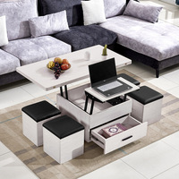 Table Basse Relevable en Bois Multifonctionnelle avec 4 Petits Tabourets pour Salon