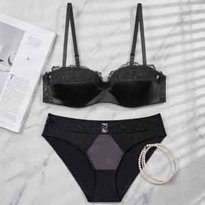 Conjunto de Lencería de Satén con Encaje para Mujer, Talla Grande, Elegante, con Sujetador con Aros y Push-Up, Conjunto de 2 Piezas, Lencería Sexy Negra para Mujer - Product Image 4