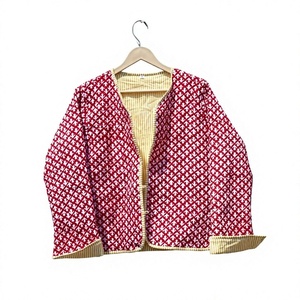 Robe longue à col en V matelassée en coton biologique respirant et écologique, à rayures florales imprimées en bloc, tricotée à la main, 100% coton pour femme - Product Image 1