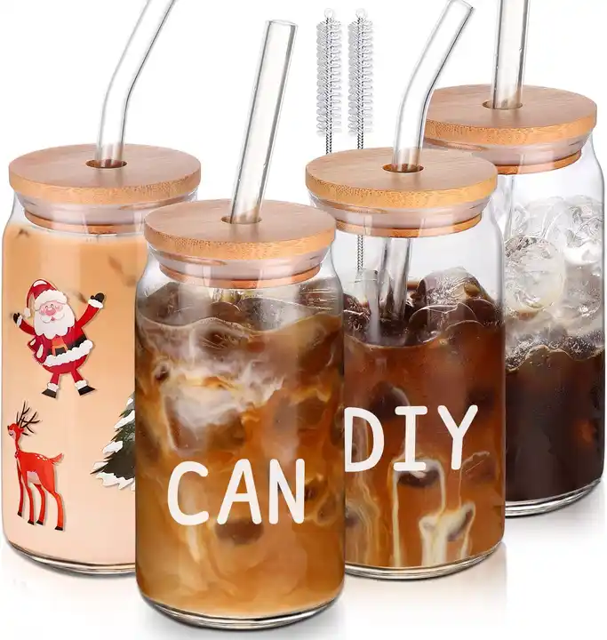 Transparent Can shape Glass Cups with Bamboo lid And Straw Ice Coffee Cups  Glass