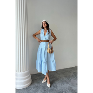 เสื้อเชิ้ตมัสลินแขนกุด คอปก ติดกระดุมด้านหน้า สีฟ้า เสื้อผู้หญิง ไซส์ S - Product Image 4