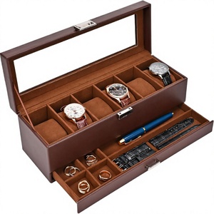 Leatherette Rectangle <b>Watch</b> Box Organizer with Drawer Faux Suede Interior Multifunction Storage <b>Case</b> for <b>Watches</b> Rings Pens - Product Image 3