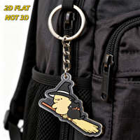 Porte-clés en acrylique « Witch Chick & Black Cat on Broomstick » au design Halloween, pendentif découpé transparent avec anneau métallique pour clés ou sacs