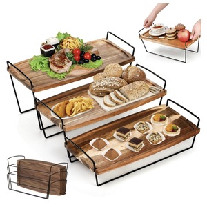 Support à cupcakes à trois niveaux en fer forgé, plateau à étages pour charcuterie avec poignée, plateau à étages en bois, assiette à apéritifs - Product Image 1