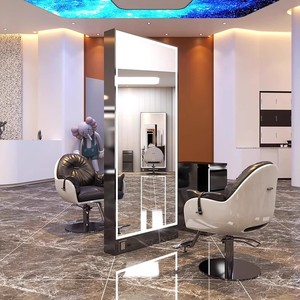 Station de coiffure professionnelle moderne à double miroir |   Miroir de sol pour salon de beauté avec cadre en métal et éclairage LED - Product Image 1