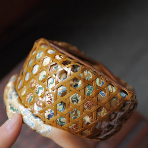 Handmade <b>Bamboo</b> Woven <b>Basket</b> With Embroidered Cloth Cover Jewelry Storage Box Round Yellow Tea Ceremony Accessory - Product Image 4