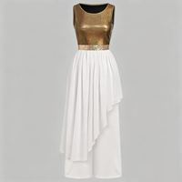 Robe de danse asymétrique en mousseline de soie à sequins métalliques et volants pour femme + pantalon large 2 pièces brillant pour la louange liturgique