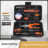 Nouvel ensemble d'outils combinés en acier au carbone de 9 pièces, petite taille, boîte à outils pour l'entretien domestique, pinces, tournevis, clés ajustables, ruban adhésif