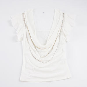Elegant Lace Strapless Knitted Digital Printing Chain Detail <b>Flutter</b> <b>Sleeve</b> <b>Top</b> for Women Casual Blouse - Product Image 2