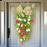 Guirlande de porte rustique en forme de tulipe, couronne florale en lin avec nœud, guirlande de fleurs artificielles pour la décoration de la maison au printemps