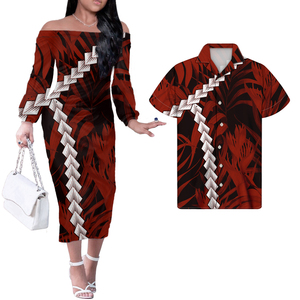 Couple Polynesian Quần Áo Womens Buổi Tối Ăn Mặc Samoa Tribal <span class=keywords><strong>Red</strong></span> & White Phong Cách Với Hibiscus Mới Phong Cách Ăn Mặc Phụ Nữ Dài Tay Áo - Product Image 5