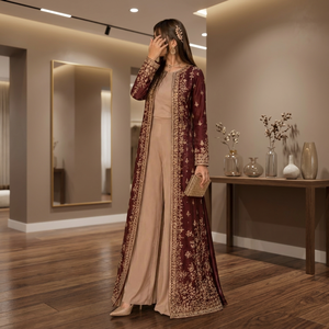 Traditional Embroidered Maroon <b>Shawl</b> Floral Pattern Women <b>Wedding</b> Engagement Wear India Pakistan Style Chiffon Rayon Jersey - Product Image 2