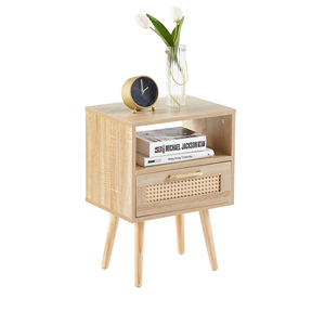 Rattan End <b>Table</b> With <b>Drawer</b> Solid Wood Legs Modern Nightstand <b>Side</b> <b>Table</b> For Living Room Bedroom Natural - Product Image 2
