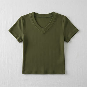 Camiseta Corta de Mujer al por Mayor con Cuello en V, Acanalada, Ajustada, Lisa, Negra, de Manga Corta, Casual, para Dama, con Logotipo Personalizado - Product Image 3