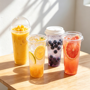Gobelets jetables en PET de 98 mm avec couvercles, impression de logo personnalisé, pour boissons froides, thé à bulles et café, 16 oz, transparents, vente en gros - Product Image 1
