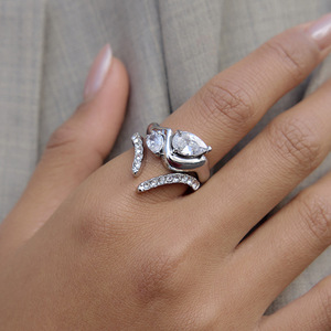 <b>Open</b> <b>Ring</b> With White Diamond Lines Geometric Stainless Steel Women's Jewelry Gift Pave Setting - Product Image 2