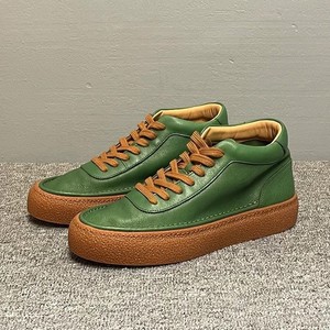 Genuine Leather High-<b>Top</b> Sneakers Men Mid-Heel Thick Sole Casual Shoes Retro Cowhide <b>Walking</b> Style Green Brown Lace-Up - Product Image 2