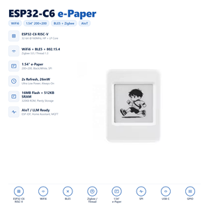 Carte de développement HT Waveshare ESP32C6 AIoT avec écran e-paper noir et blanc de 1,54 pouce, WiFi 6, 5 RISC-V, basse consommation, embarquée - Product Image 2