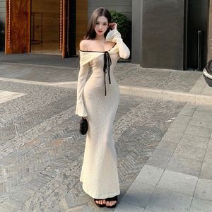 Off The Shoulder Long Sleeve White Dress Natural Waist Splicing Wrap Tie Design For Women - Product Image 3