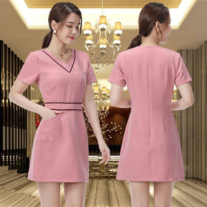 Conjunto de uniforme de spa para mujer, vestido rosa con cuello en V y pantalones para salón de belleza, ropa de trabajo para masajista, mezcla de algodón elástico, tallas S, M, L, XL - Product Image 4
