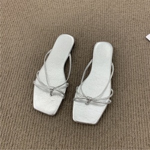 Stylish Gold Colored Genuine Leather Square Toe Chunky Heel Cross Strap <b>Slippers</b> - Product Image 5