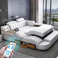 Luxuriöses Smart-Bett aus Leder, Multifunktionales Bett, Tatami-Kingsize-Plattformbett, Gepolstertes Stoffbett mit Stauraum und Musikboxen