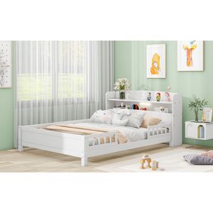 White Full-Size Wood Platform <b>Bed</b> for Kids Built-In LED Light Storage Headboard Guardrail - Product Image 4