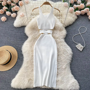 YuooMuoo femmes été droite Sexy coupe taille paquet hanches fendu robe moulante tricoté fête Vestidos robe d'été à la mode - Product Image 6