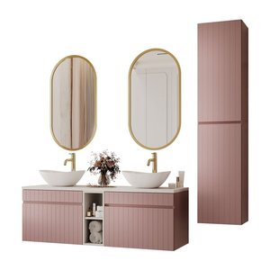 Juego de Baño Doble con <span class=keywords><strong>Lavabo</strong></span> y Mueble Alto, Color <span class=keywords><strong>Rosa</strong></span> Pálido, con Detalles Dorados, <span class=keywords><strong>Lavabo</strong></span> en Forma de Concha, Montado en la Pared, Venta al Por Mayor - Product Image 3