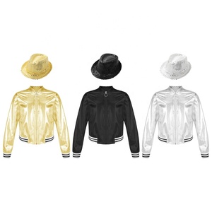 6-16 Kids Girls Ballroom Competition Dance Metallic Patchwork <b>Jacket</b> With Fedora Hat For Party Stage Performance Competition - Product Image 1