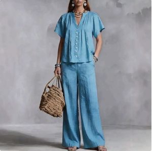 Nouvel ensemble décontracté pour <span class=keywords><strong>femme</strong></span> en coton et lin à col en V, style européen et américain, idéal pour les vacances à la plage - Product Image 1
